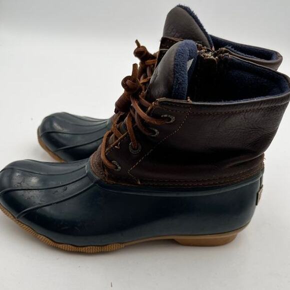 Sperry Saltwater Duck Boots Womens Size 7 Brown Leather Navy Rubber STS91175 - Picture 12 of 13